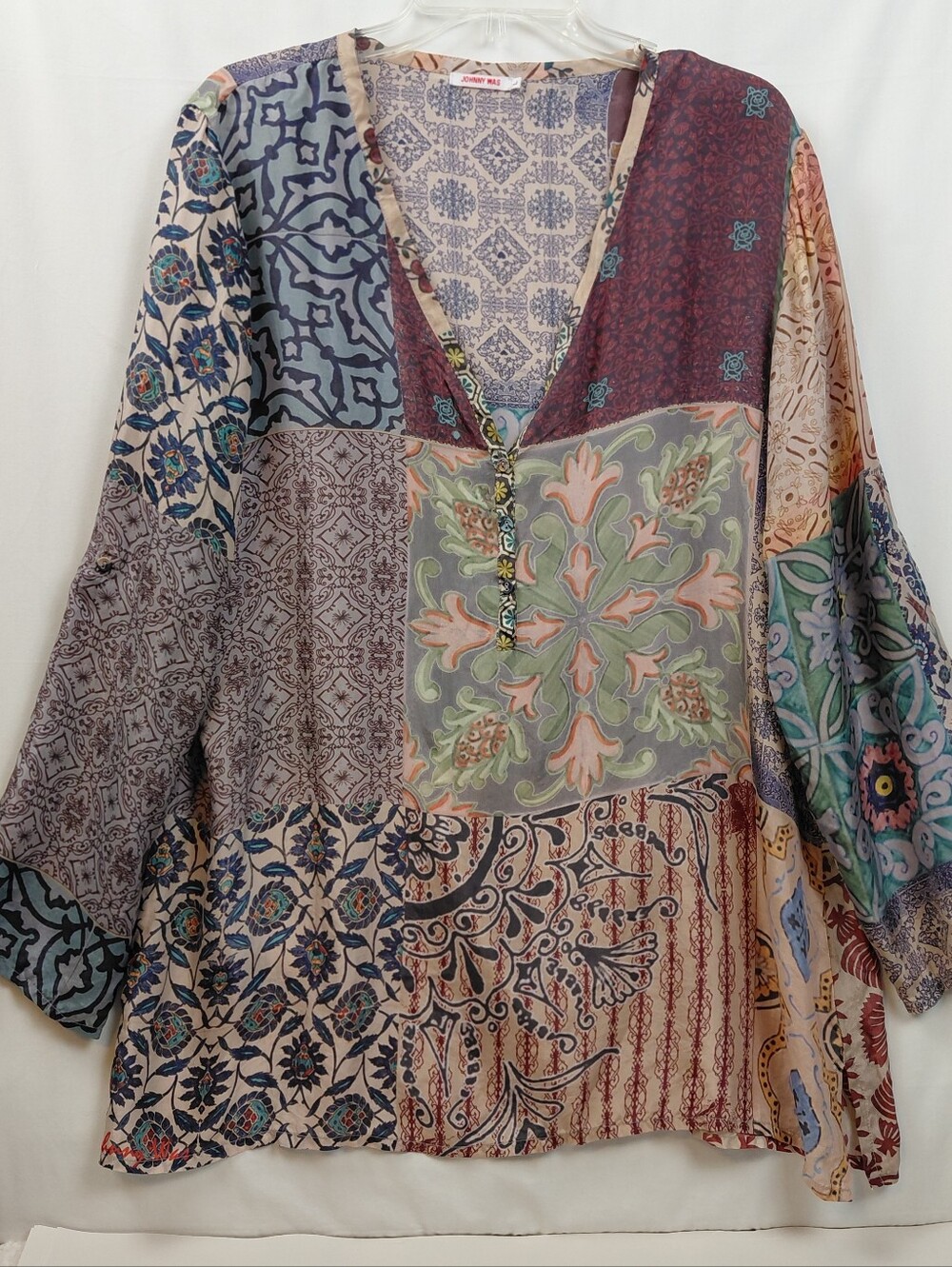 Johnny Was 100% Silk Tunic Blouse Women's Size Large Patchwork 90s - Picture 9 of 9